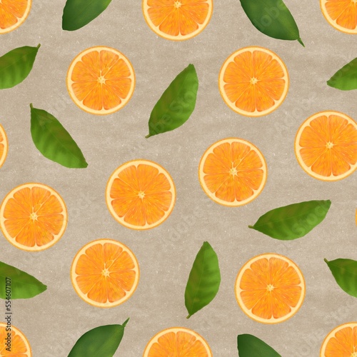 Seamless pattern with sliced ​​oranges and green leaves on a beige background with watercolor paper texture, graphic art.