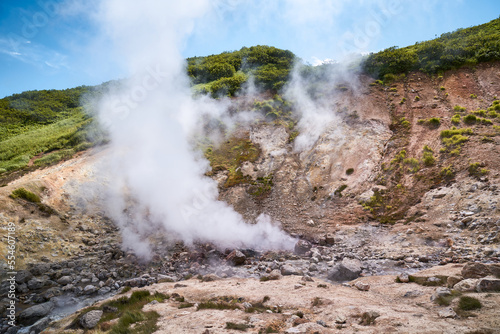 Steaming mud holes and solfataras in the geothermal area of Kamchatka peninsula. Summer landscape