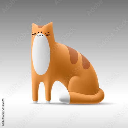 Red happy cat in 3D cartoon style. Isolated illustration of volumetric cute funny kitten. Vector template ginger tabby cat sitting