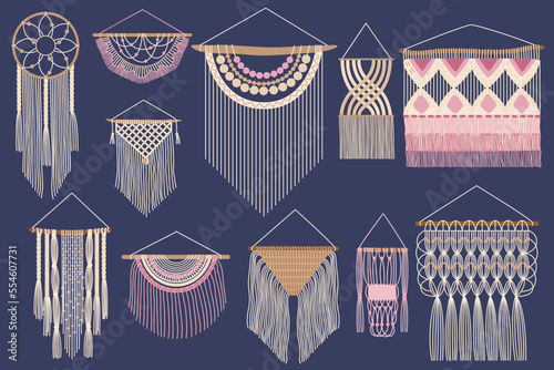 Hand drawn macrame. Nordic woven wall decor, cotton braid hanging and handcraft boho ornament of knitted tapestry yarn cord vector set