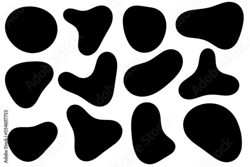Set of abstract liquid forms and fluid shapes, blobs element, black abstract blobs, irregular shapes, black ink.