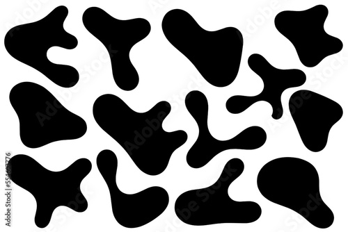 Set of abstract liquid forms and fluid shapes, blobs element, black abstract blobs, irregular shapes, black ink.