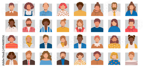 User avatars. Multiethnic people faceless portraits, personalized male and female characters userpics. Unknown customer profile icon vector set