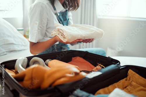 Принти на полотні Holiday, packing and woman travel suitcase on a bedroom bed ready for vacation and adventure