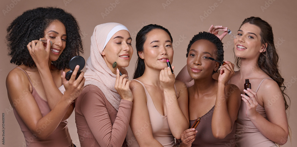 Diversity, makeup and woman portrait with beauty skincare, cosmetics and wellness product. Skin glow, smile and cosmetic products of women models together with happiness from luxury cosmetology Diversity, makeup and woman portrait with beauty skincare, cosmetics and wellness product. Skin glow, smile and cosmetic products of women models together with happiness from luxury cosmetology