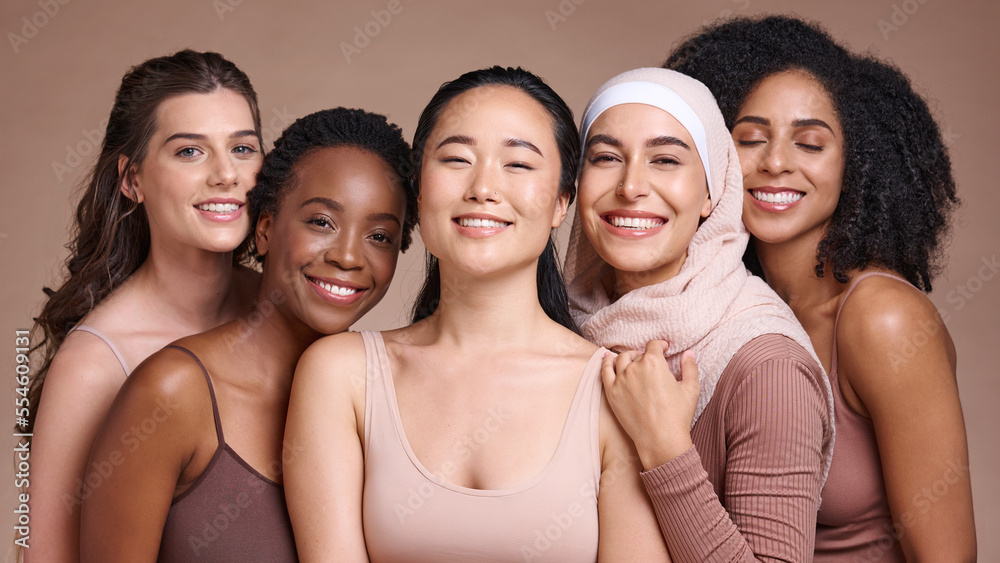 Support, diversity and women smile for skincare, beauty and empowerment against a studio background. Makeup, solidarity and face portrait of cosmetic model friends with happiness for cosmetics Support, diversity and women smile for skincare, beauty and empowerment against a studio background. Makeup, solidarity and face portrait of cosmetic model friends with happiness for cosmetics