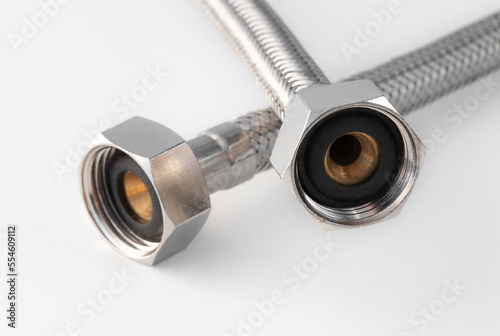 stainless steel water hose on white background