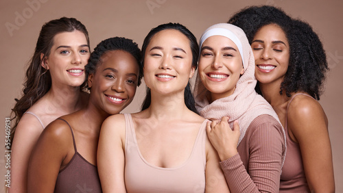 Support  diversity and women smile for skincare  beauty and empowerment against a studio background. Makeup  solidarity and face portrait of cosmetic model friends with happiness for cosmetics
