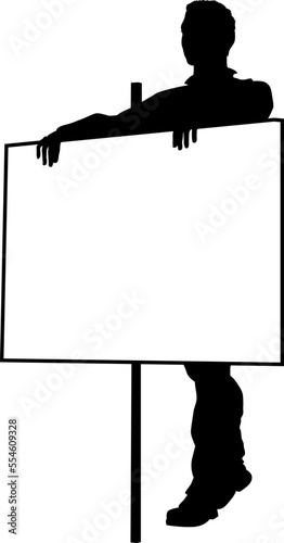 Protestor or demonstrator at a demonstration march, picket line or strike protest rally in silhouette. Holding up a banner or picket sign board placard.