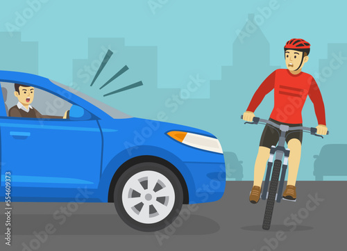 Road accident. Scared cyclist turned his head and looking at blue suv. Front view of cycling bike rider and aggressive angry yelling car driver. Flat vector illustration template.