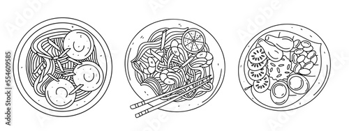 Set of rice noodles with shrimps and vegetables in hand drawn doodle style. Top view.
