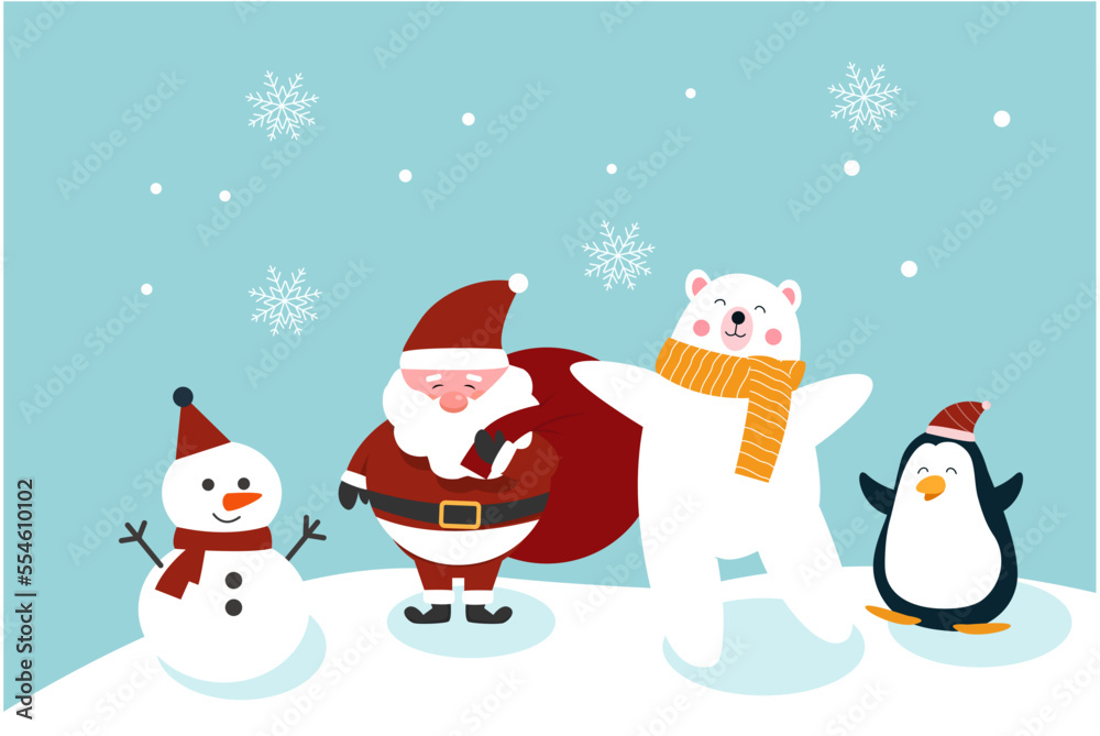 Merry Christmas elements, Santa, cute bear and penguin with snowman in snowfall