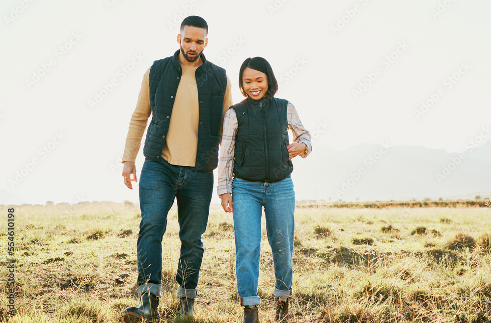 Farming couple, bonding or walking on nature field, sustainability agriculture environment or countryside land. Smile, happy or farmer man and woman talking and planning farm growth, success or ideas