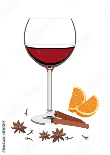 Vector mulled wine hot Christmas drink with orange and spices isolated on white background.