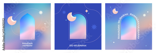 Ramadan Kareem design Set in modern abstract style with color gradients. Eid Mubarak templates with sand dunes, moon and stars against the sky. Poster, cover, card, banner for website or social media