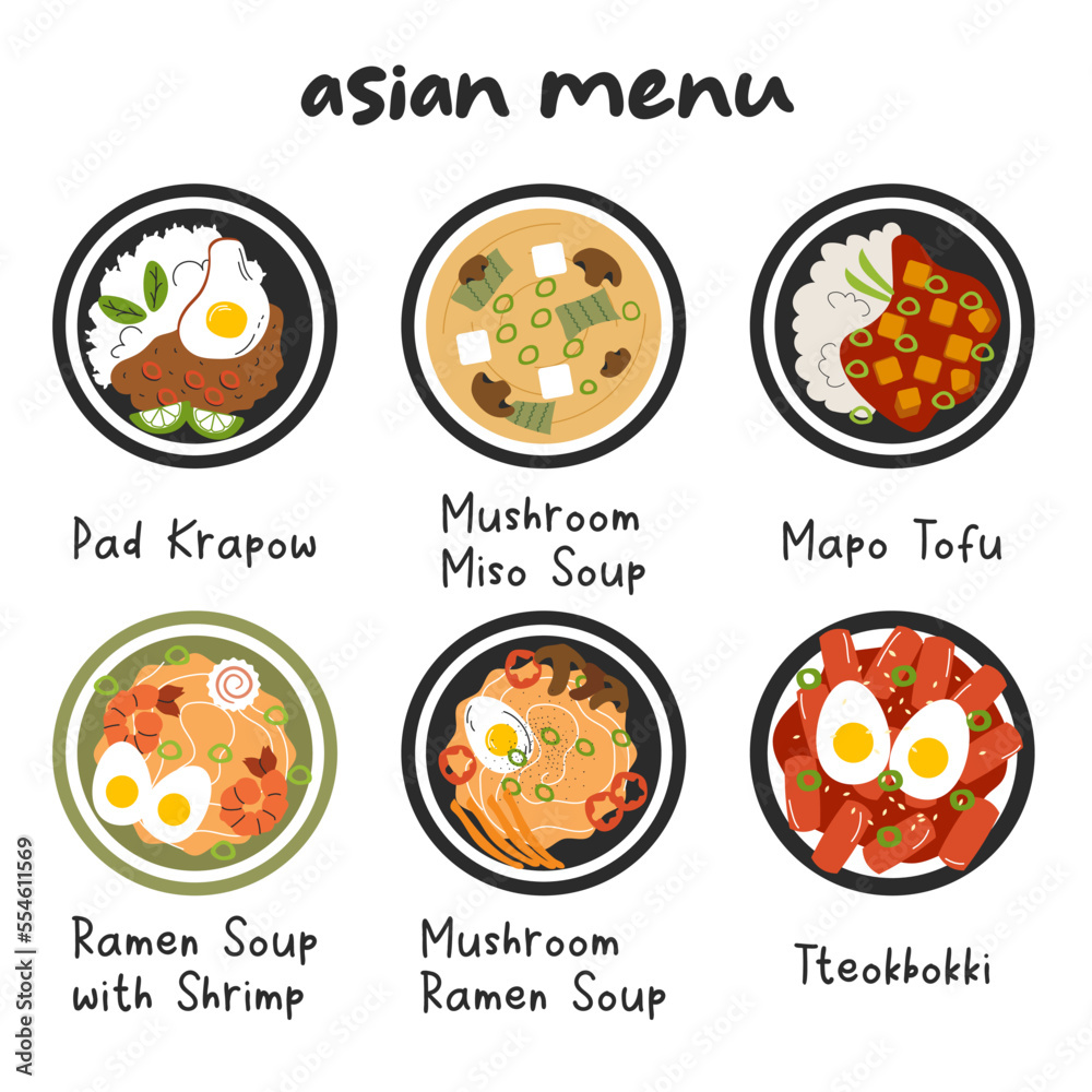 Asian menu illustration with the names of the dishes Pad Krapow Miso Mapu Tofu Ramen Tteokbokki. Menu design. Vector stock illustration isolated on white background. Flat style
