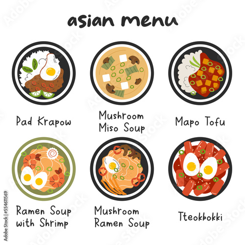 Asian menu illustration with the names of the dishes Pad Krapow Miso Mapu Tofu Ramen Tteokbokki. Menu design. Vector stock illustration isolated on white background. Flat style photo