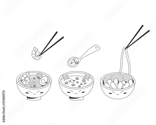 Set of three bowl with asian food with cutlery Korean miso soup Tteokbokki Japanese ramen Food concept. Vector stock illustration isolated on white background. Outline style