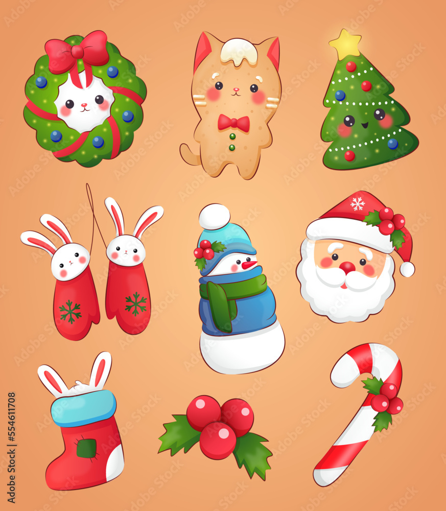 Christmas and New Year holiday collection. Christmas stickers with funny Christmas symbols characters on a brown background. Merry Christmas and Happy New Year!