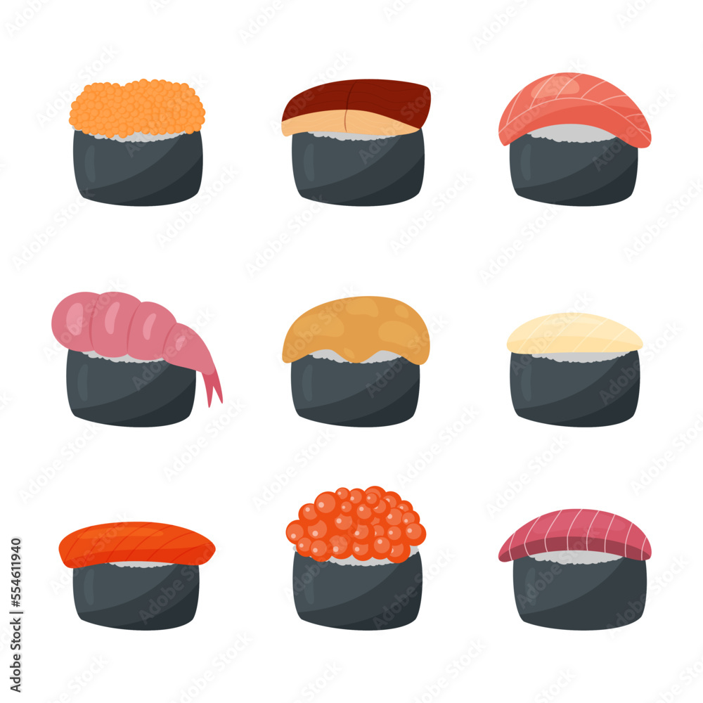 flat vector illustration of sushi assortment