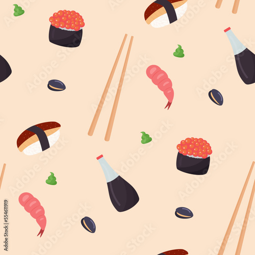seamless pattern with asian seafood and sushi 