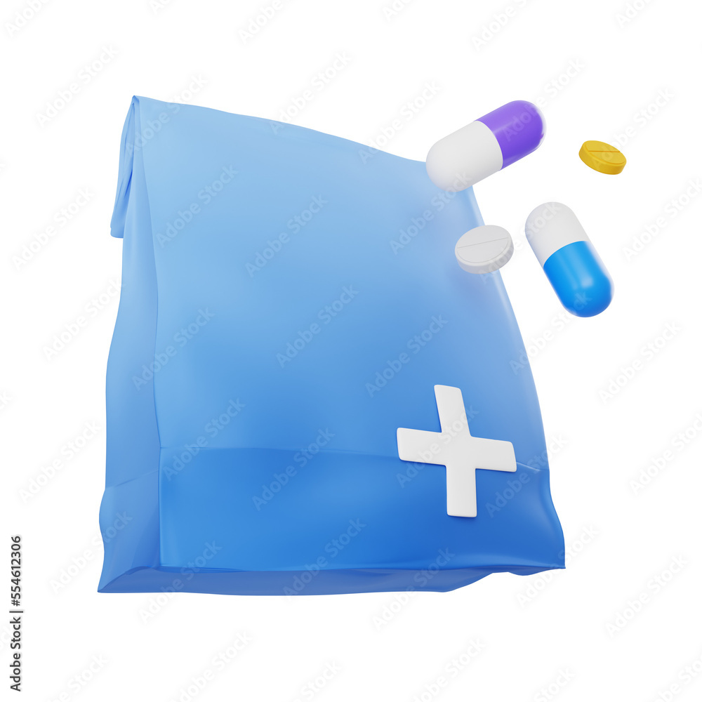 pharmacy prescription bag and pills isolated. 3d illustration PNG file  Stock Illustration