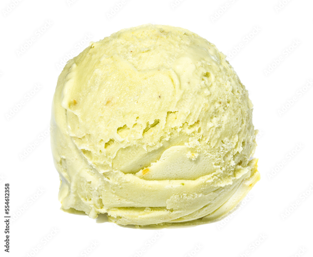 Scoop of pistachio ice cream from top on white background