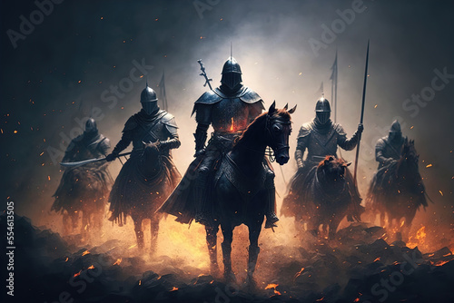 Battle of knights in armor on the battlefield, the struggle of good against evil. Knights riders galloping on horses. Sparks and flames, portraits of warriors. 3d render photo