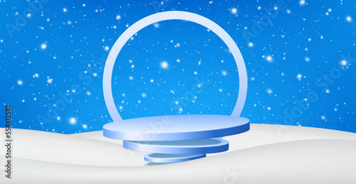 Cylindrical winter podium in snow among falling snow. Round stage podium with arch for product presentation, promotions.