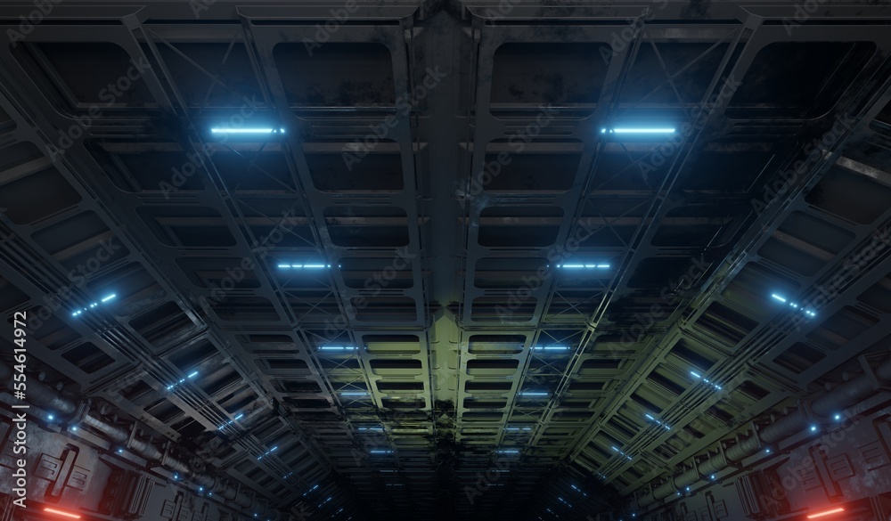 Sci-fi interior laboratory with lighting ceiling in dark scene 3D rendering industrial wallpaper backgrounds Sci-fi interior laboratory with lighting ceiling in dark scene 3D rendering industrial wallpaper backgrounds