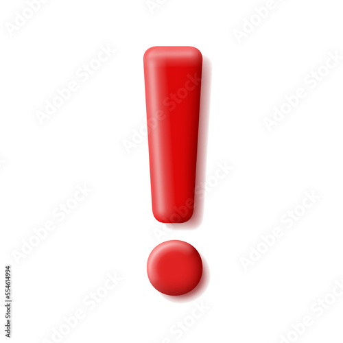 Realistic red exclamation mark 3d on white background.
