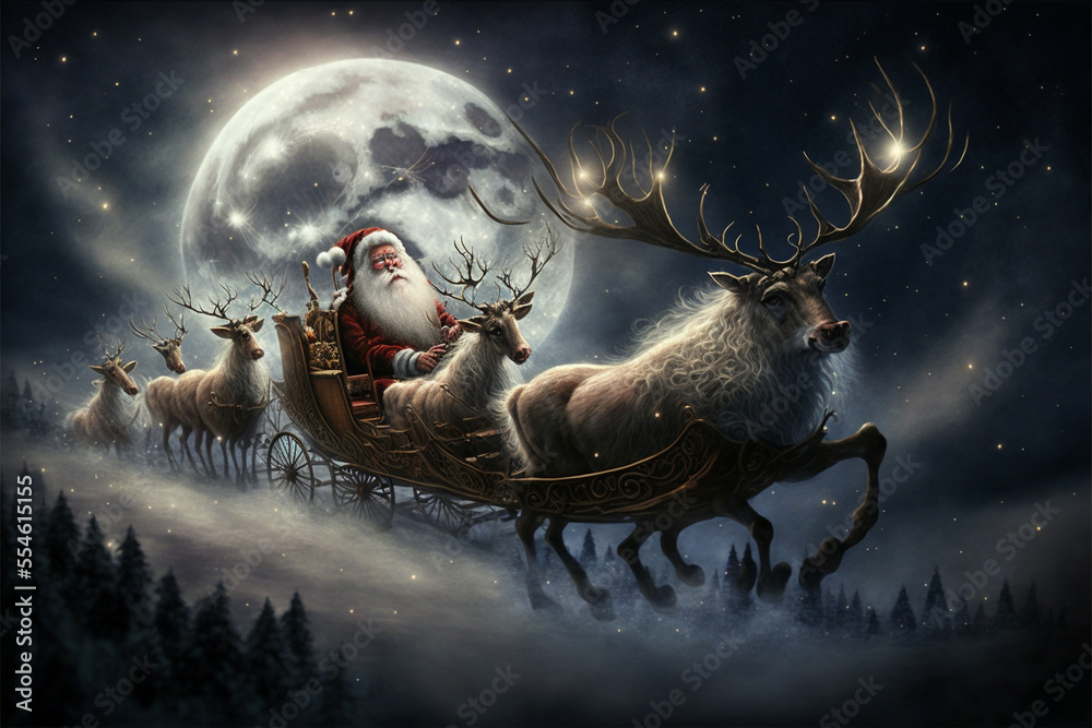 Merry Christmas and happy holidays! Santa Claus flying in his sleigh on ...