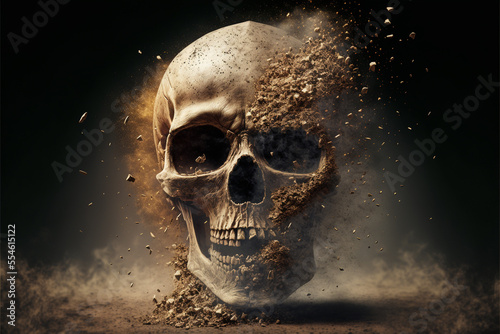Vászonkép Abstract, surreal, creepy skull turning in dust