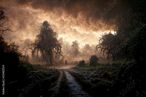 Creepy  frozen nature with mist and muddy path. Halloween festival concept.