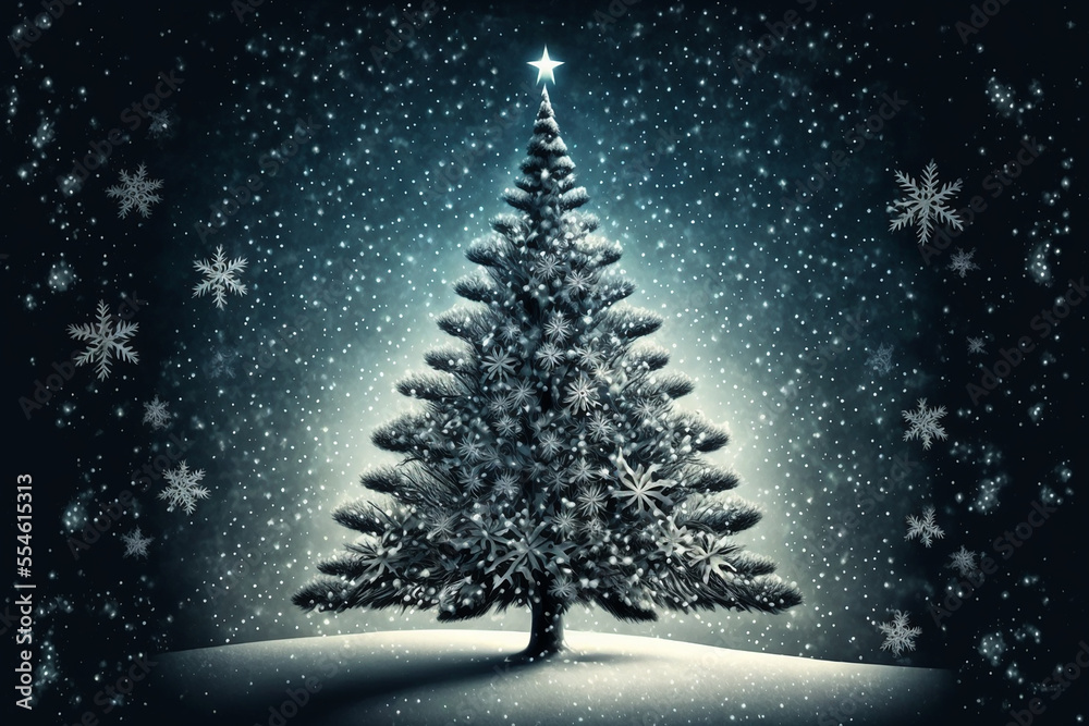Christmas and happy new year with a beautiful Christmas tree with stars and a snow banner. Generative AI