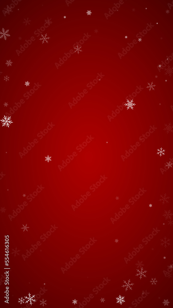 Snowfall overlay christmas background. Subtle flying snow flakes and stars on christmas red background. Festive snowfall overlay. Vertical vector illustration.