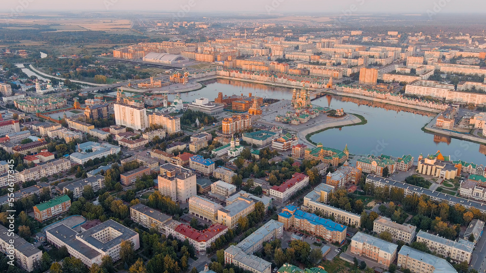 Yoshkar-Ola, Russia. Panorama of the central part of the city from the air during sunset, Aerial View