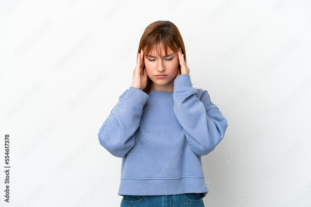 Redhead girl isolated on white background with headache Redhead girl isolated on white background with headache