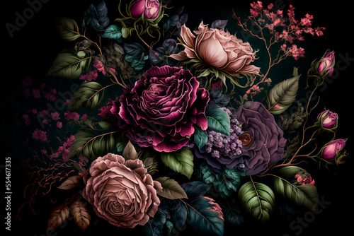 Beautiful bouquet with roses on a dark background. AI
