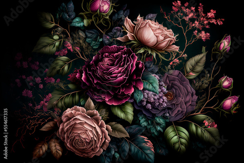 Beautiful bouquet with roses on a dark background. AI 