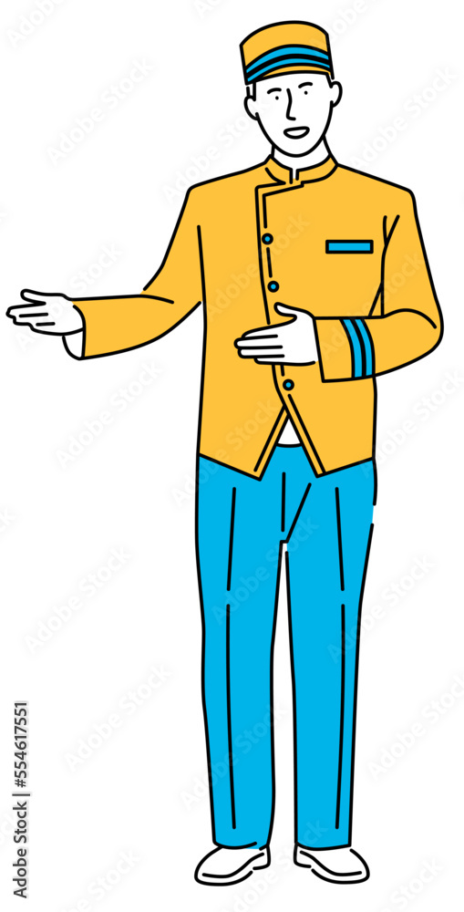 A friendly guide pose illustration of the hotel bellboy in charge of parking A friendly guide pose illustration of the hotel bellboy in charge of parking