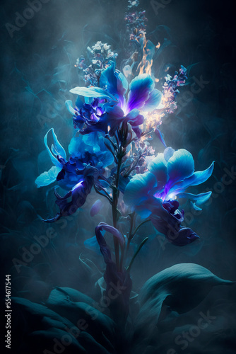 Beautiful blue orchids, abstract floral design for prints, postcards or wallpaper. AI
