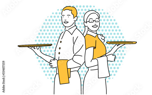Illustrated illustration of male and female restaurant hotel staff working happily