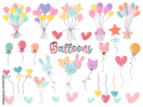 Vector balloons collection designed in vibrant colors. On a white background for decorating cards, festivals, celebrations, art for kids, birthday card, elements for decorations, Sticker, and more.