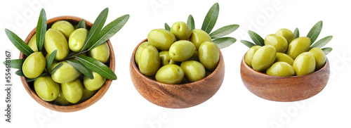 Wallpaper Mural Wooden bowls with green olives and leaves collection, isolated on white background Torontodigital.ca