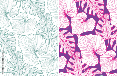 Trendy hand drawn doodle tropical leaf leaves pattern background.