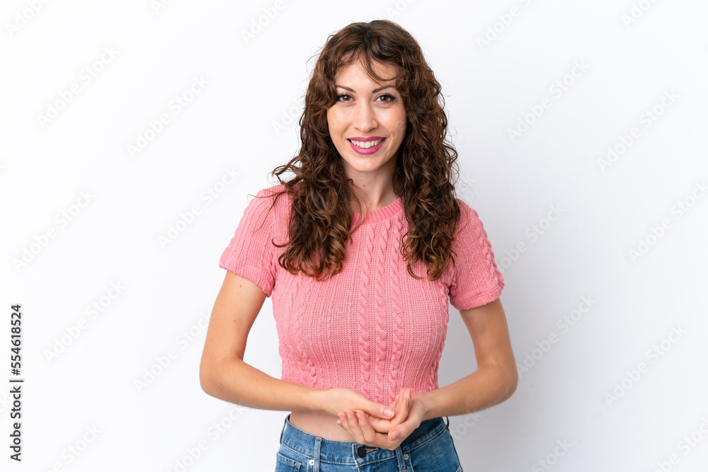Young woman with curly hair isolated on white background laughing Young woman with curly hair isolated on white background laughing