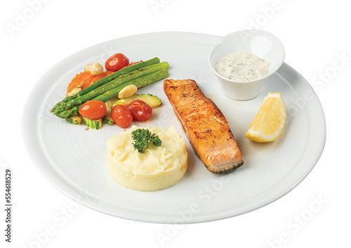 Png Grilled salmon steak on a white plate.