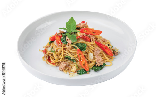 Png Spaghetti with Tuna, Parsley and pepper on a white plate