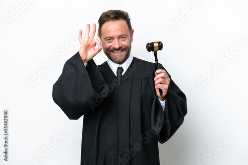 Middle age judge man isolated on white background showing ok sign with fingers